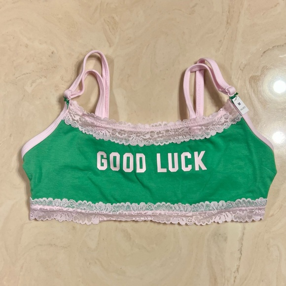 🍀VS PINK Cotton Lace Trim Scoop Bralette & Cheeky Panty Wild Green GOOD LUCK M/L - Picture 4 of 16